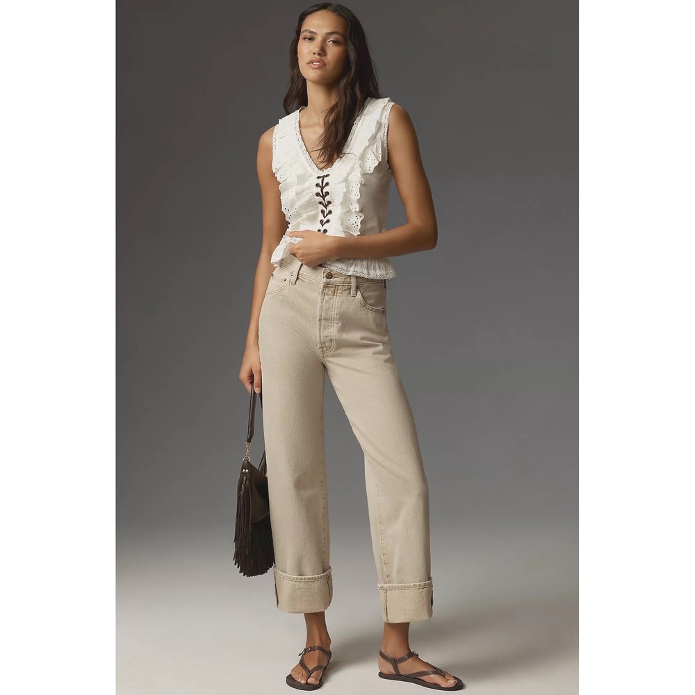 New Pistola Anthropologie Ryder High Rise Straight Leg Cuffed Jeans 31 Oatmeal